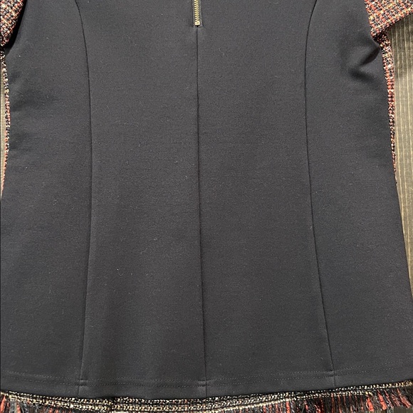 41 Tweed Fringe Blouse M Red Black Shimmer Gold Top Zipper Stretch Office Boho - Picture 10 of 12